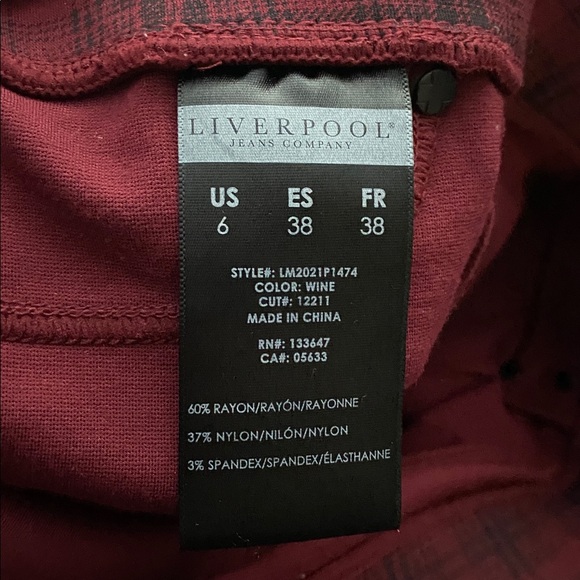 Liverpool Jeans Co Pull On Red Black Plaid Skinny Pants Trouser Womens Size 6/28 - Picture 9 of 9